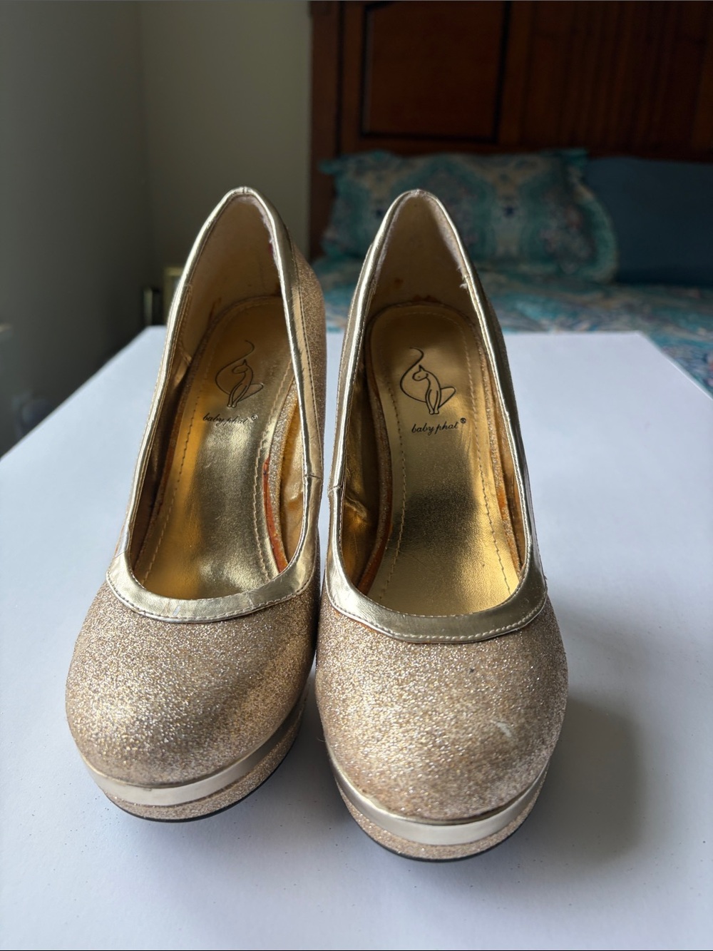 Baby Phat Champagne Gold Glitter Platform Pumps